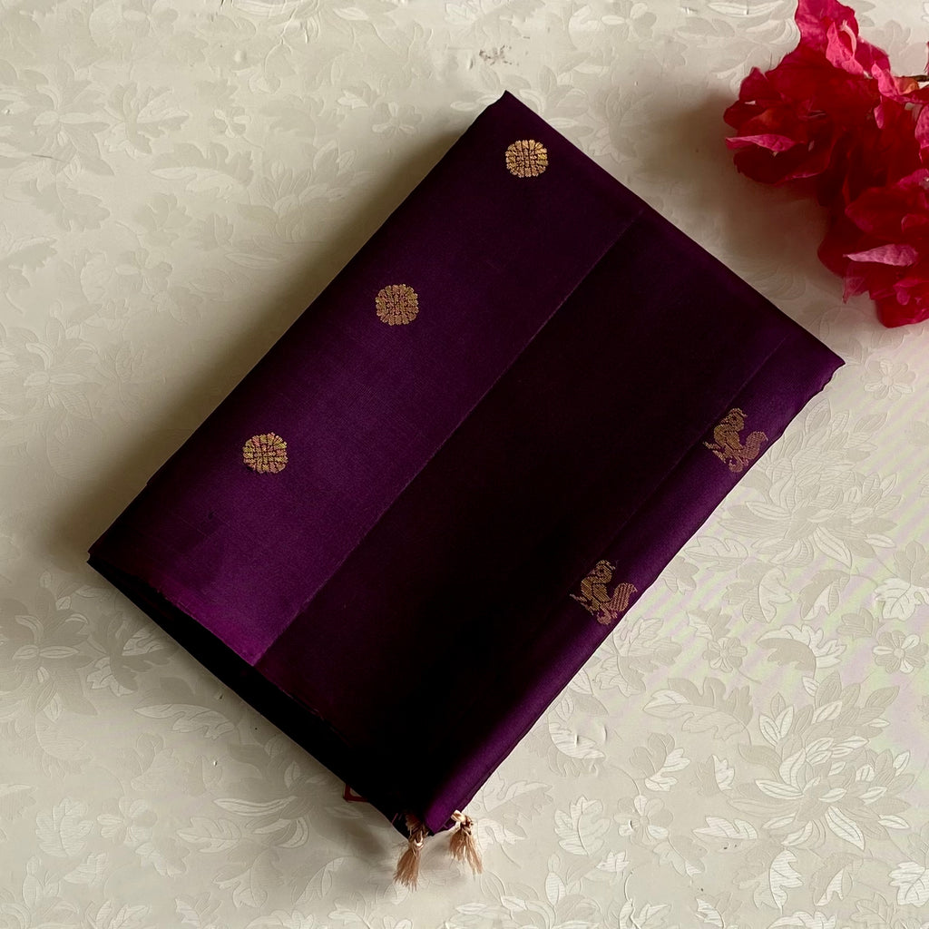 Deep Purple Designer Pure Silk Saree With Rose Pink Pallu