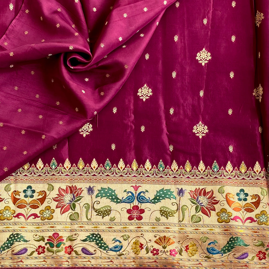 Deep Wine Magenta Meenakari Soft Tussar Silk Saree With Champagne Beige Pallu