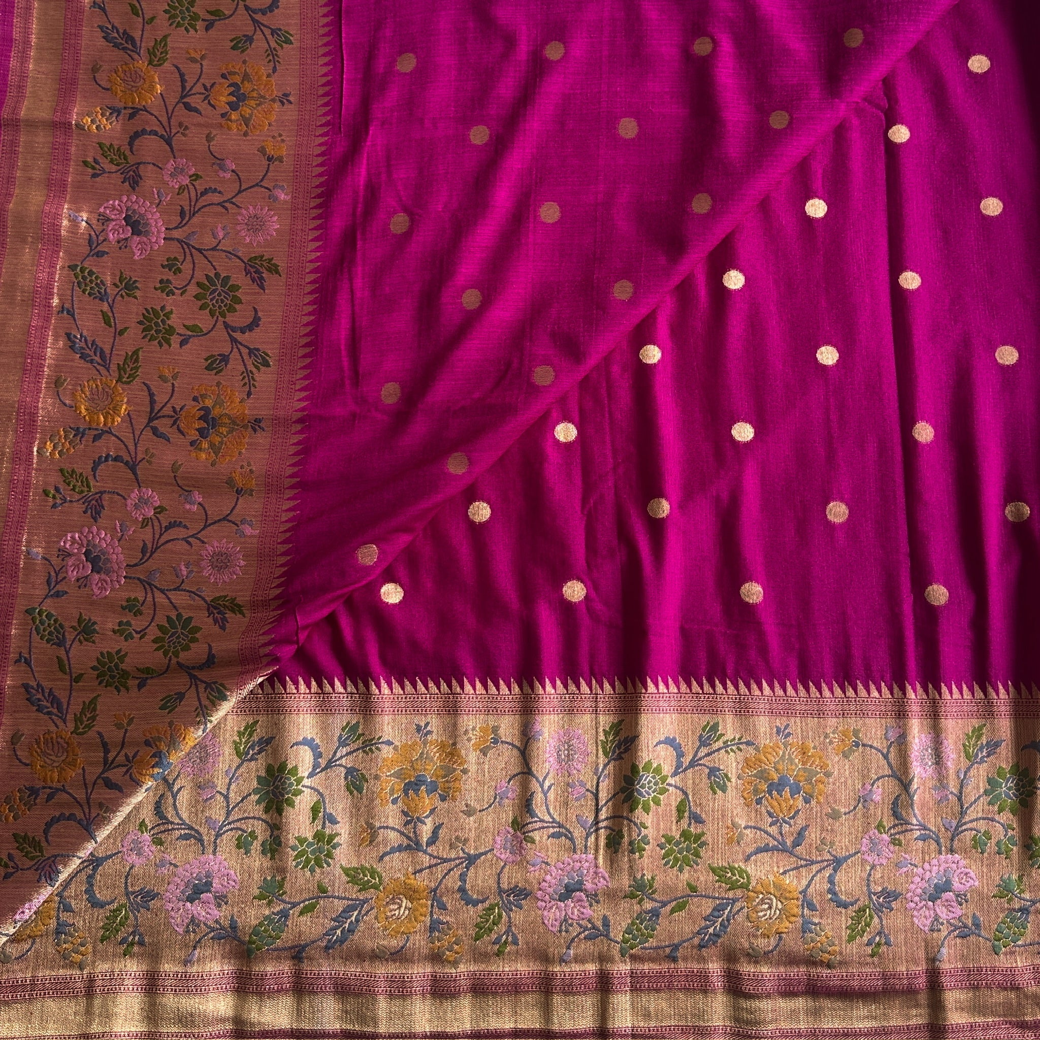 Deep Magenta Brocade Floral Saree With Gold Polka For Festive Occasions
