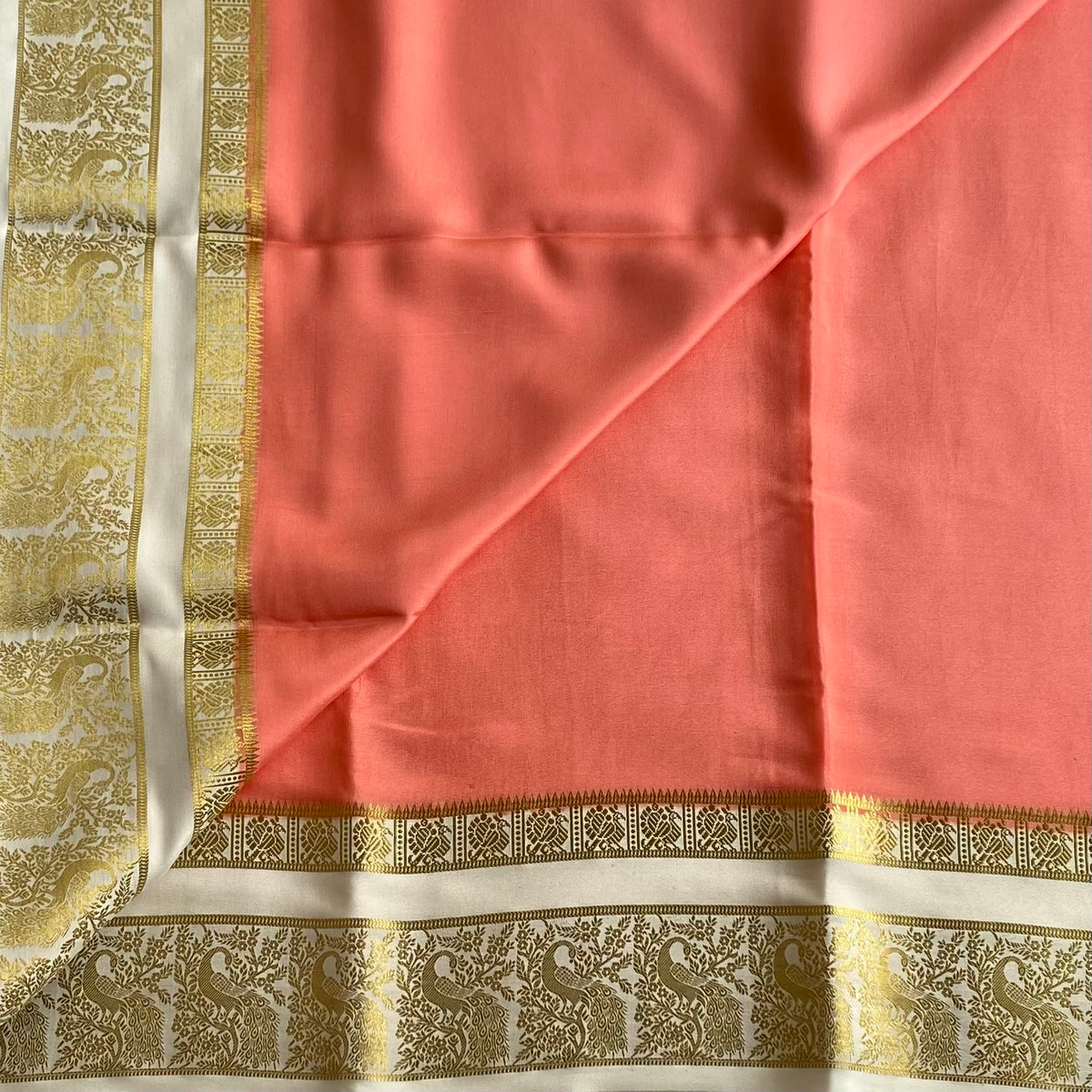 Rare Coral Peach With Ivory Mysore Crepe Silk Saree With Gold Border