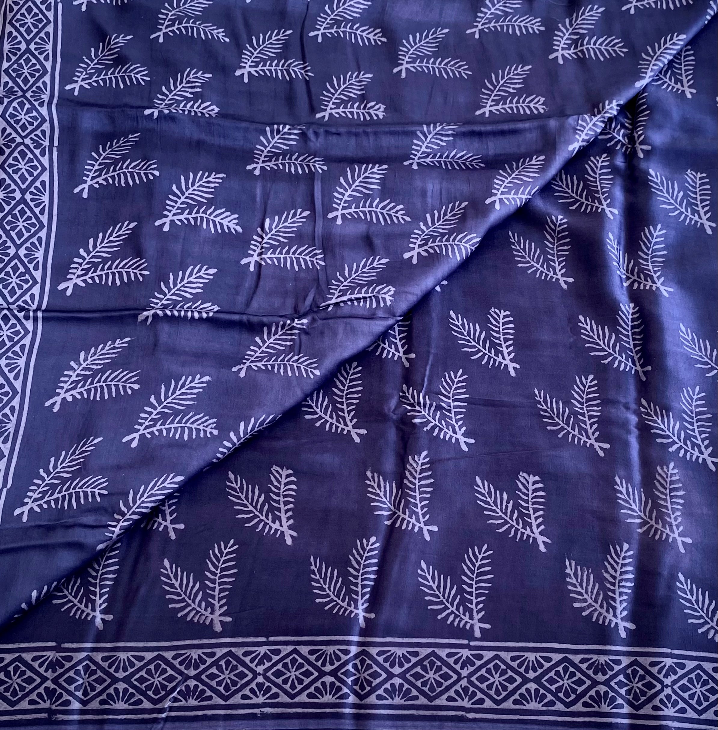 Midnight Indigo Blue Ajrakh Handblock Printed Silk m With Muted Lilac Border