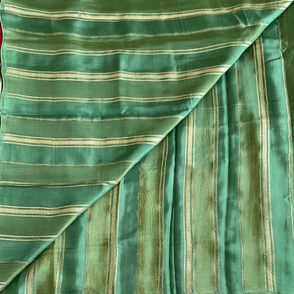 Teal Silk Saree Gold Buti Stripes Red Selvedge Festive Wear