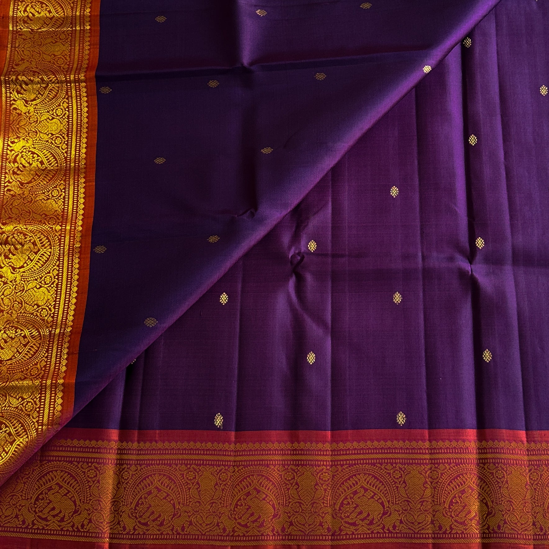 Elegant Wine Red Silk Saree Gold Brocade Buttas Temple Border