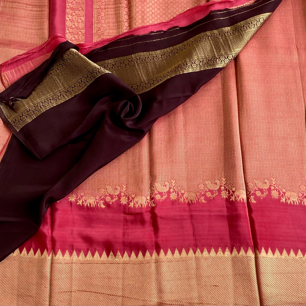 Rani Pink Soft Tussar Silk Saree With Antique Gold Zari Border