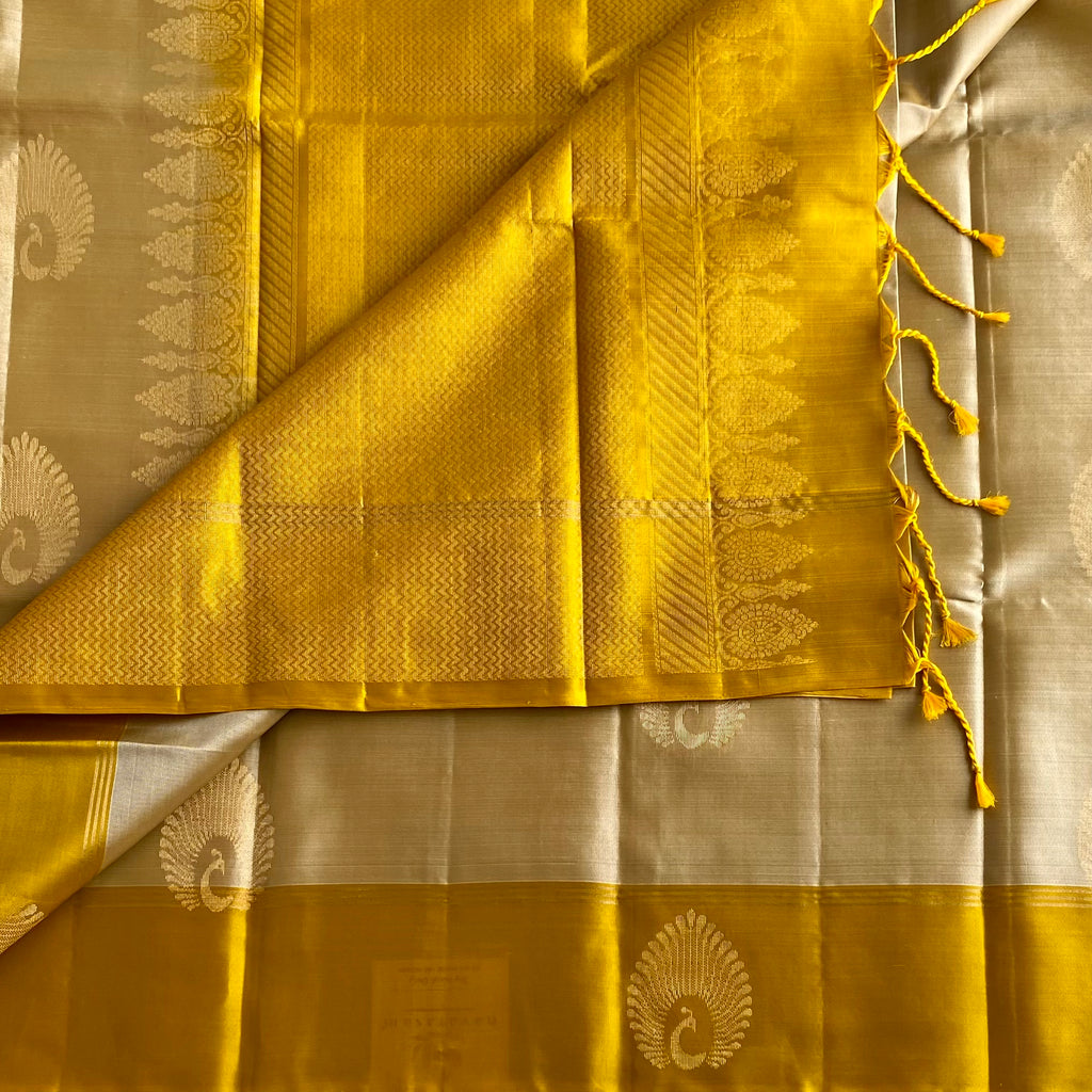 Champagne Beige Designer Pure Silk Saree With Mustard Yellow Pallu