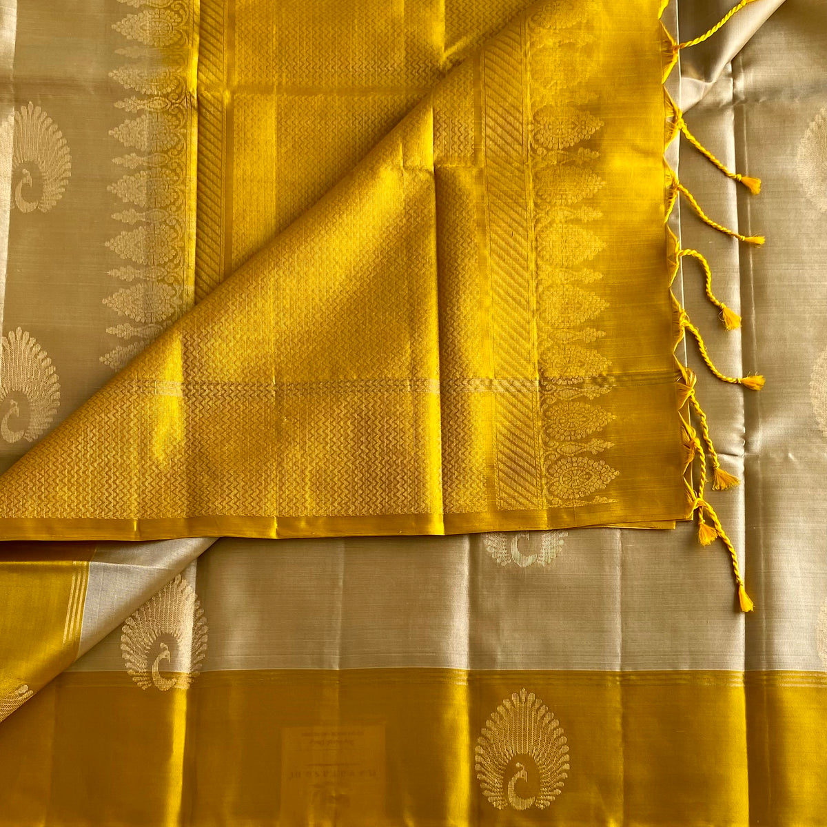 Champagne Beige Designer Pure Silk Saree With Mustard Yellow Pallu