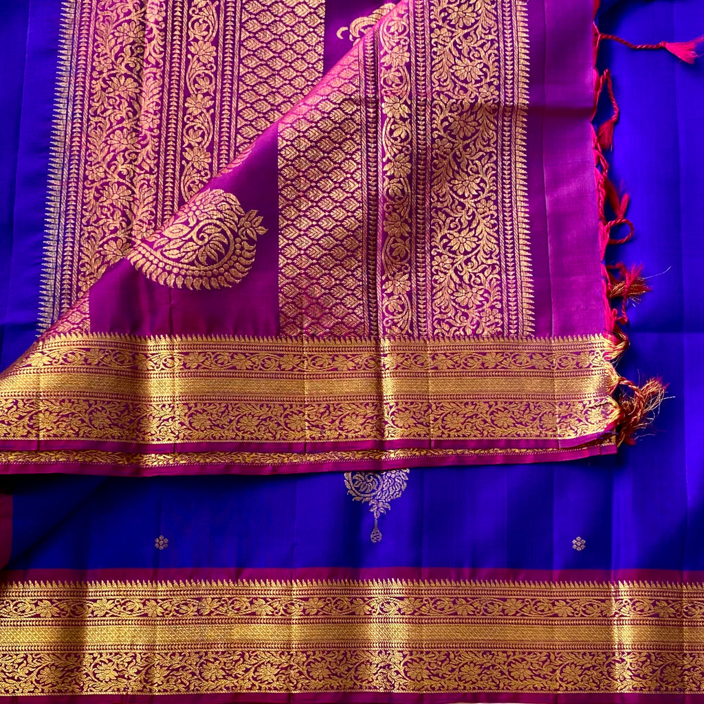 Cobalt Blue Silk Saree Fuchsia Pallu Gold Brocade Paisley Wedding