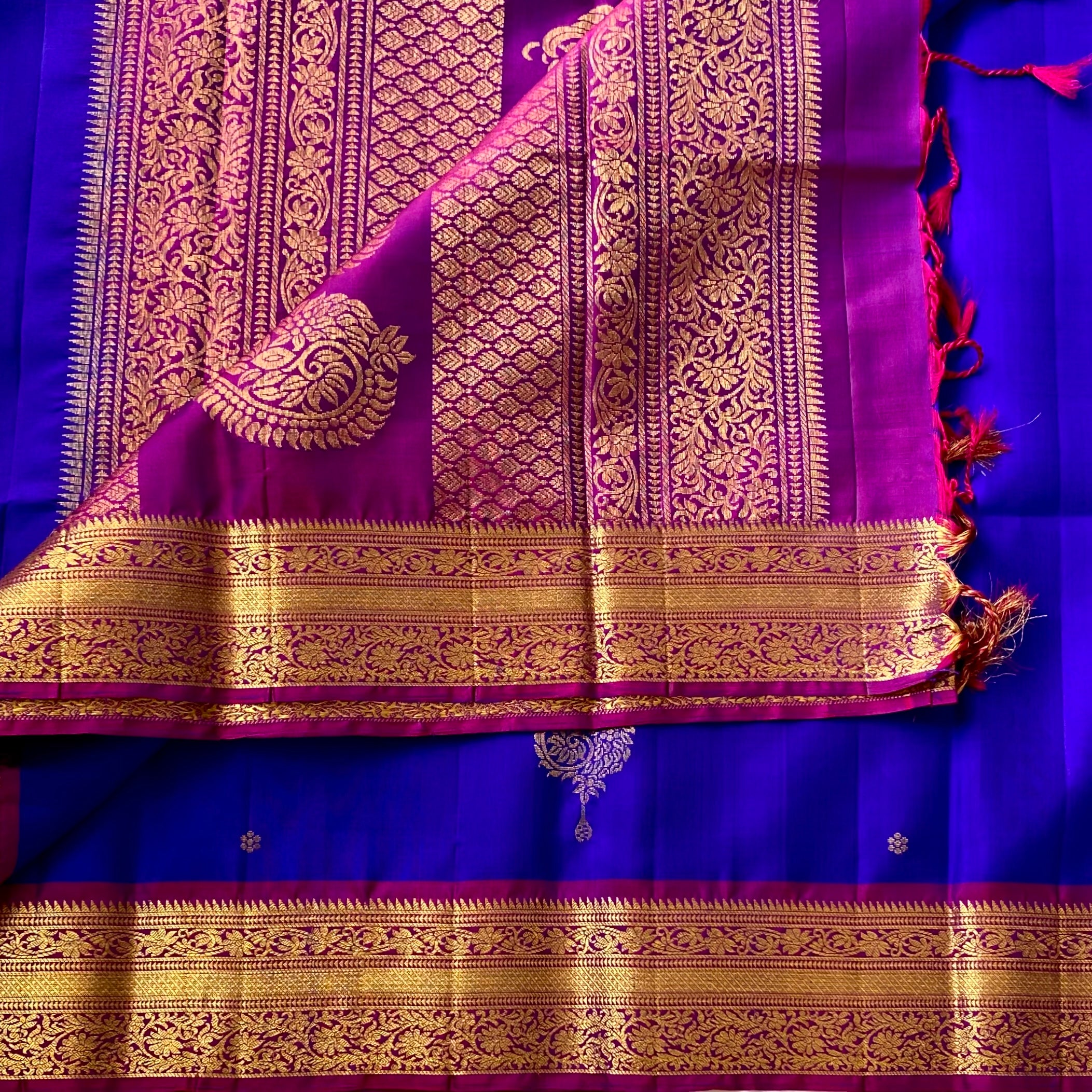 Cobalt Blue Silk Saree Fuchsia Pallu Gold Brocade Paisley Wedding