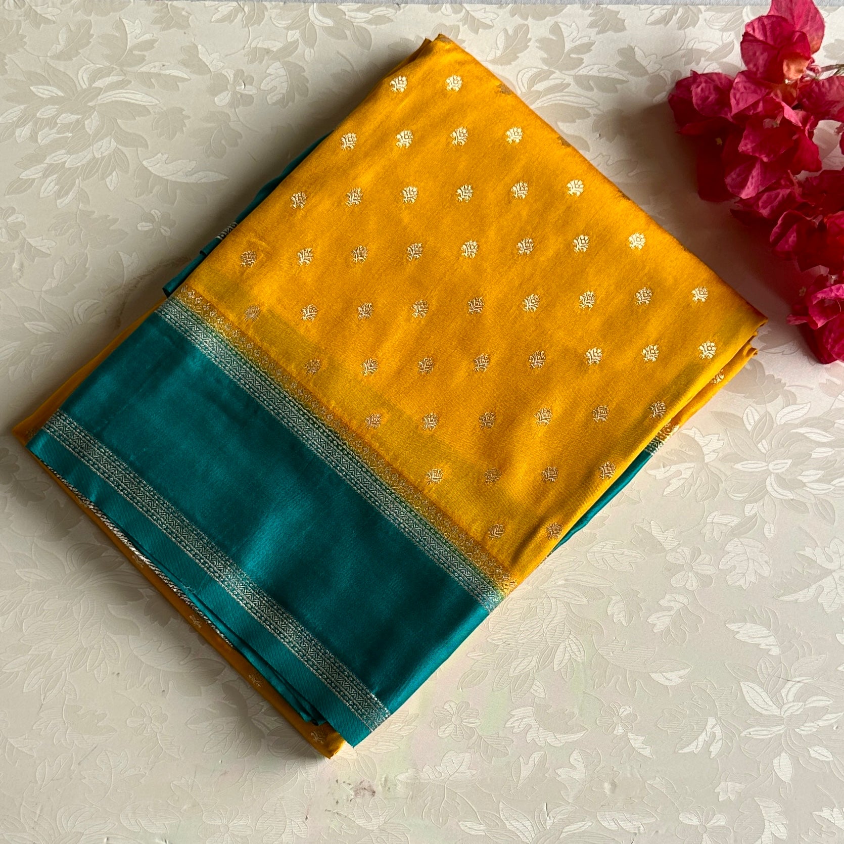 Mustard Yellow Teal Zari Buti Saree with Tassel Pallu Elegant