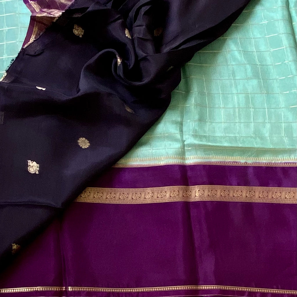 Mint Green soft crepe with deep Purple Gold Checked Pallu