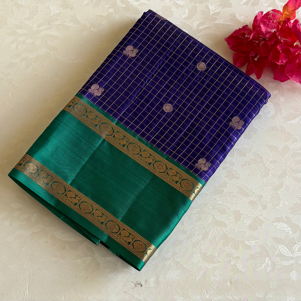 Royal Indigo Blue Checkered Pure Silk With Turquoise Contrast
