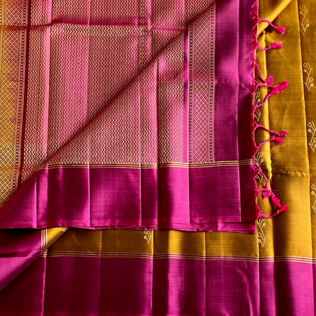 Golden Mustard Designer Pure Silk Saree With Rich Magenta Border