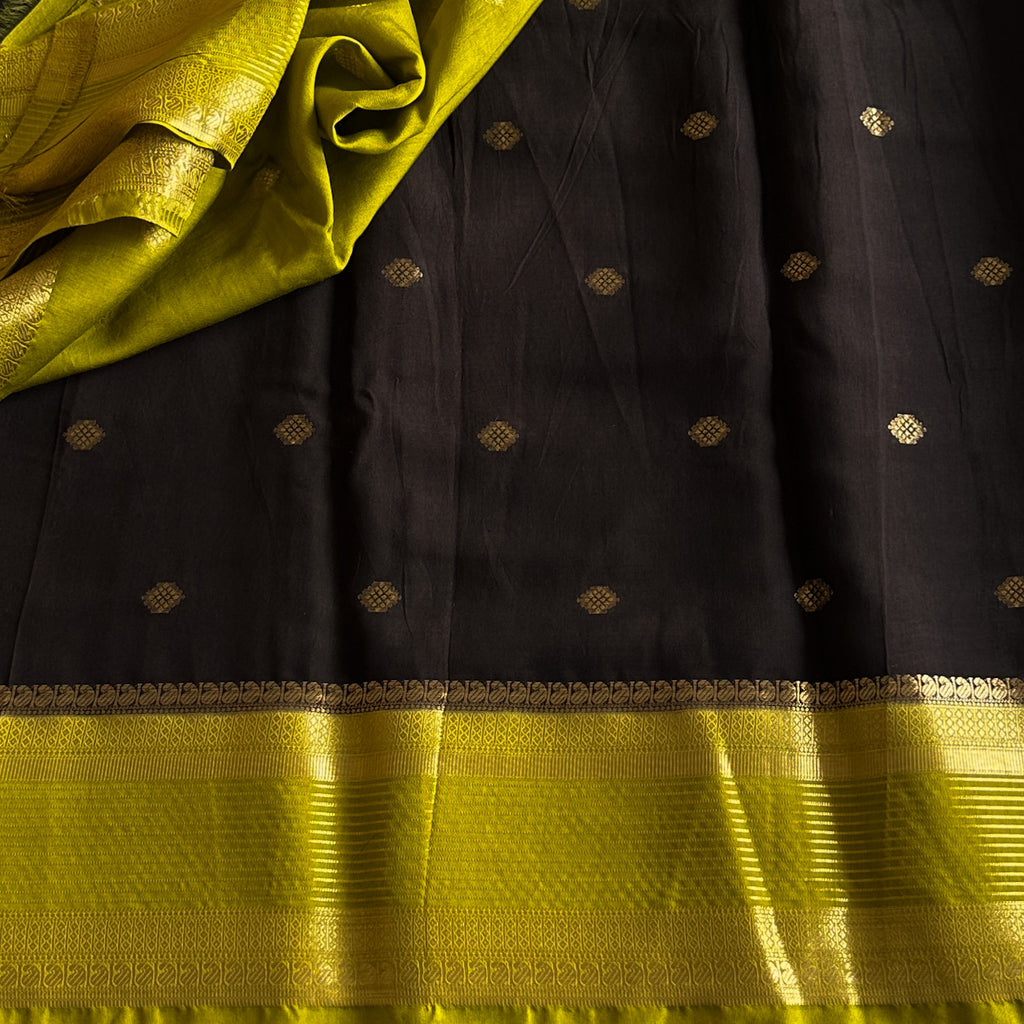 Jet Black Chartreuse Pallu Silk Saree With Gold Zari Border