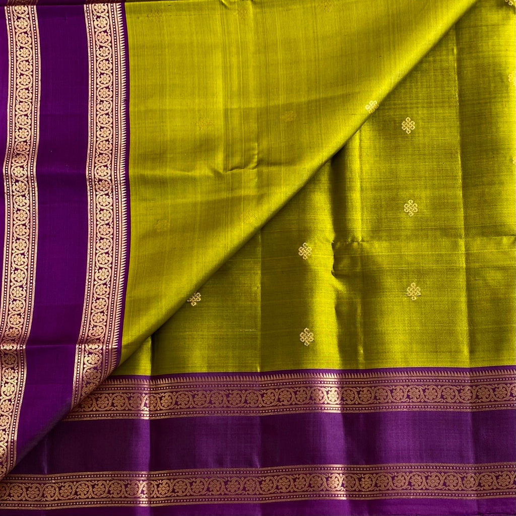 Lime Green Designer Pure Silk Saree With Royal Purple Pallu