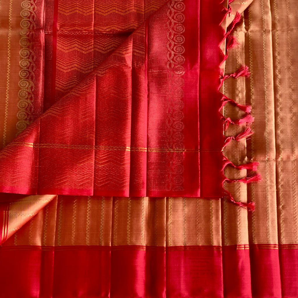 Rani Pink And Copper Designer Pure Silk Saree With Zari Border