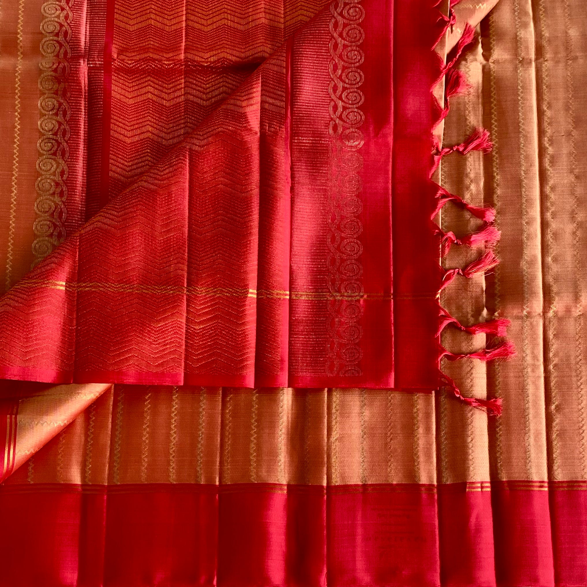 Rani Pink And Copper Designer Pure Silk Saree With Zari Border