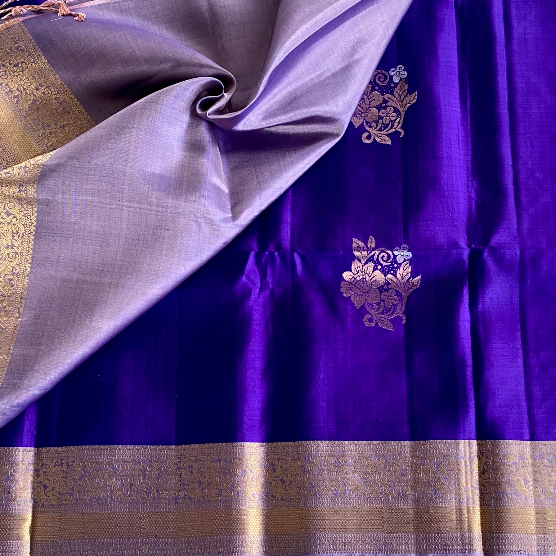 Royal Purple Designer Pure Silk Saree With Rose Gold Brocade Pallu