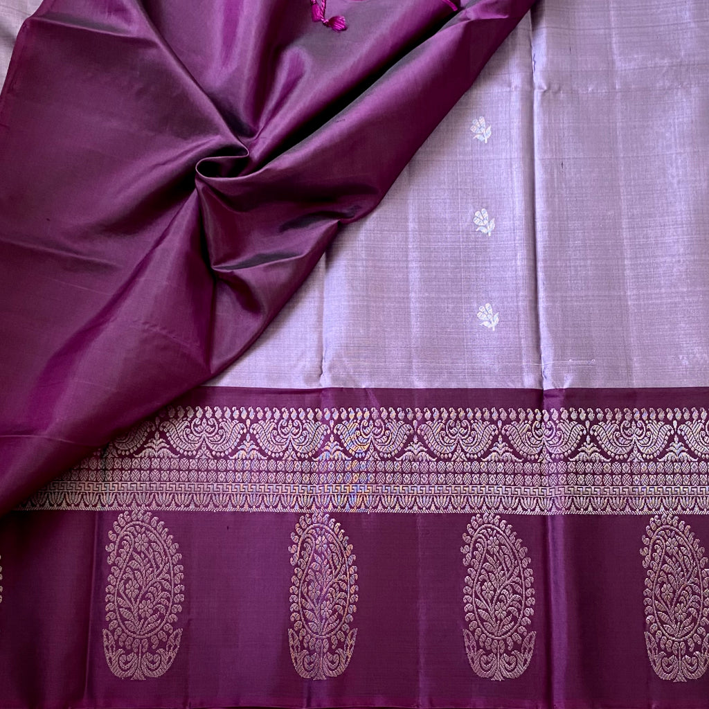 Magenta Banarasi Silk Saree Silver Zari Paisley Border Geometric Pallu