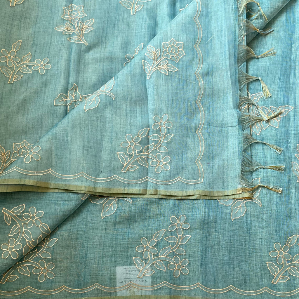 Teal Embroidered Sheer Saree with Scalloped Border and Tassels