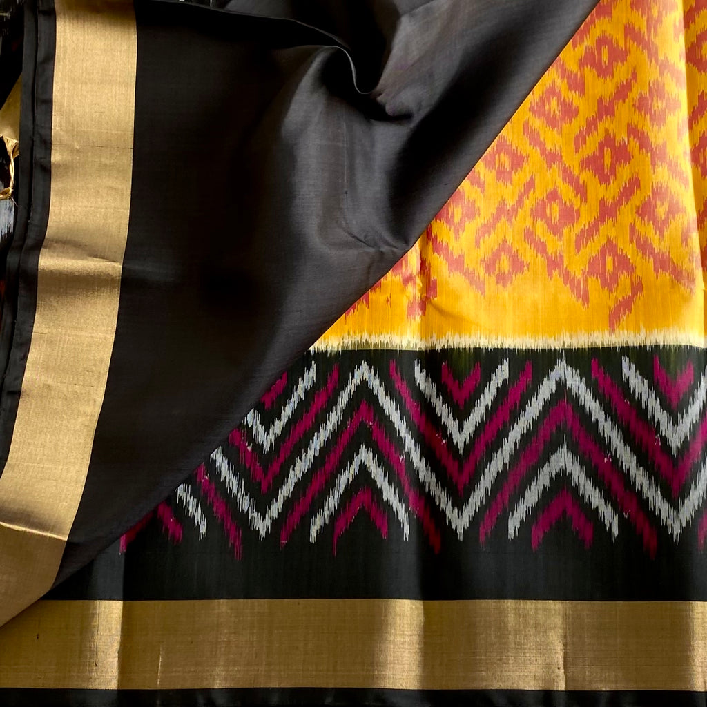 Dreamy Sunflower Yellow Designer Pure Ikkat Silk With Jet Black