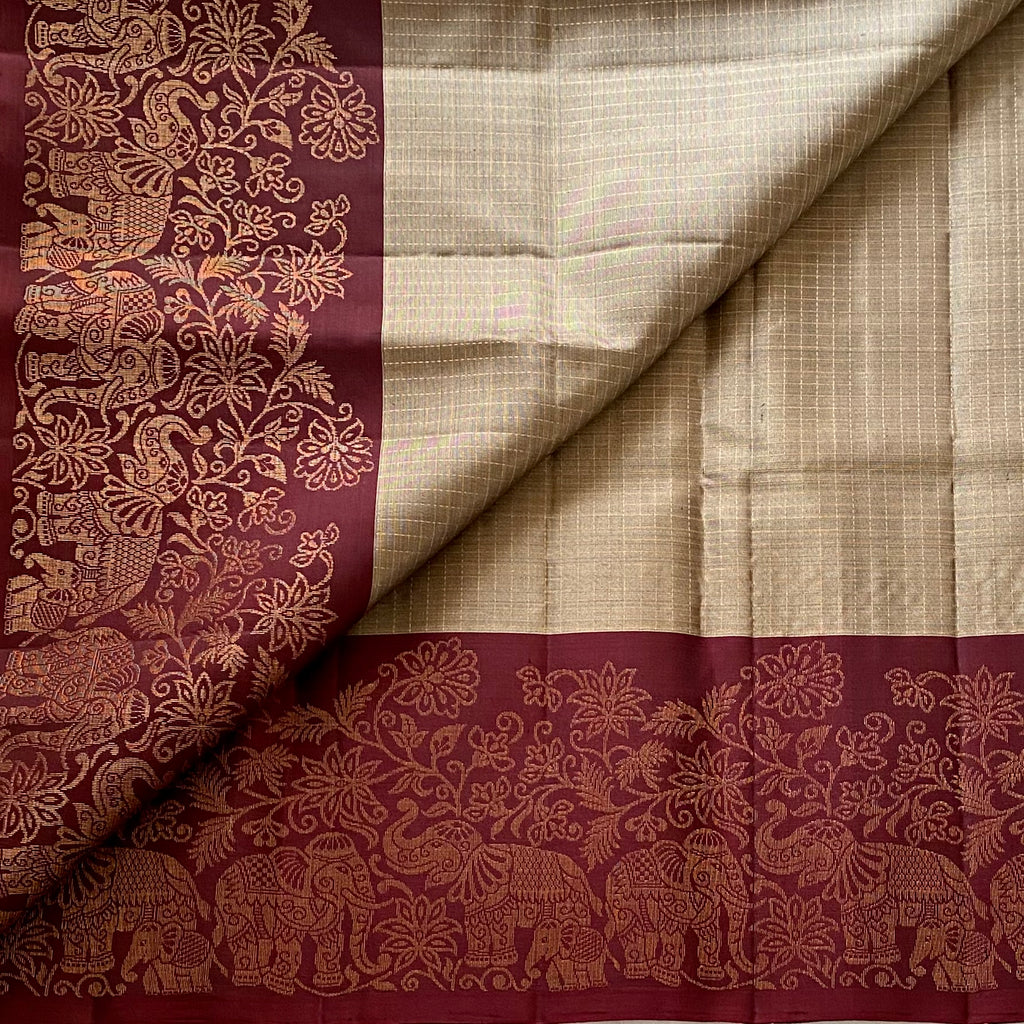 Ash Metallic Grey Designer Pure Silk With Antique maroon Zari Border