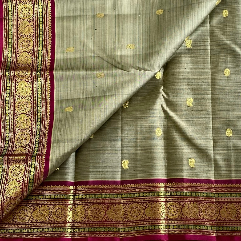 Sage Greyish Kanjeevaram Pure Zari Silk Saree With Deep Magenta Pallu