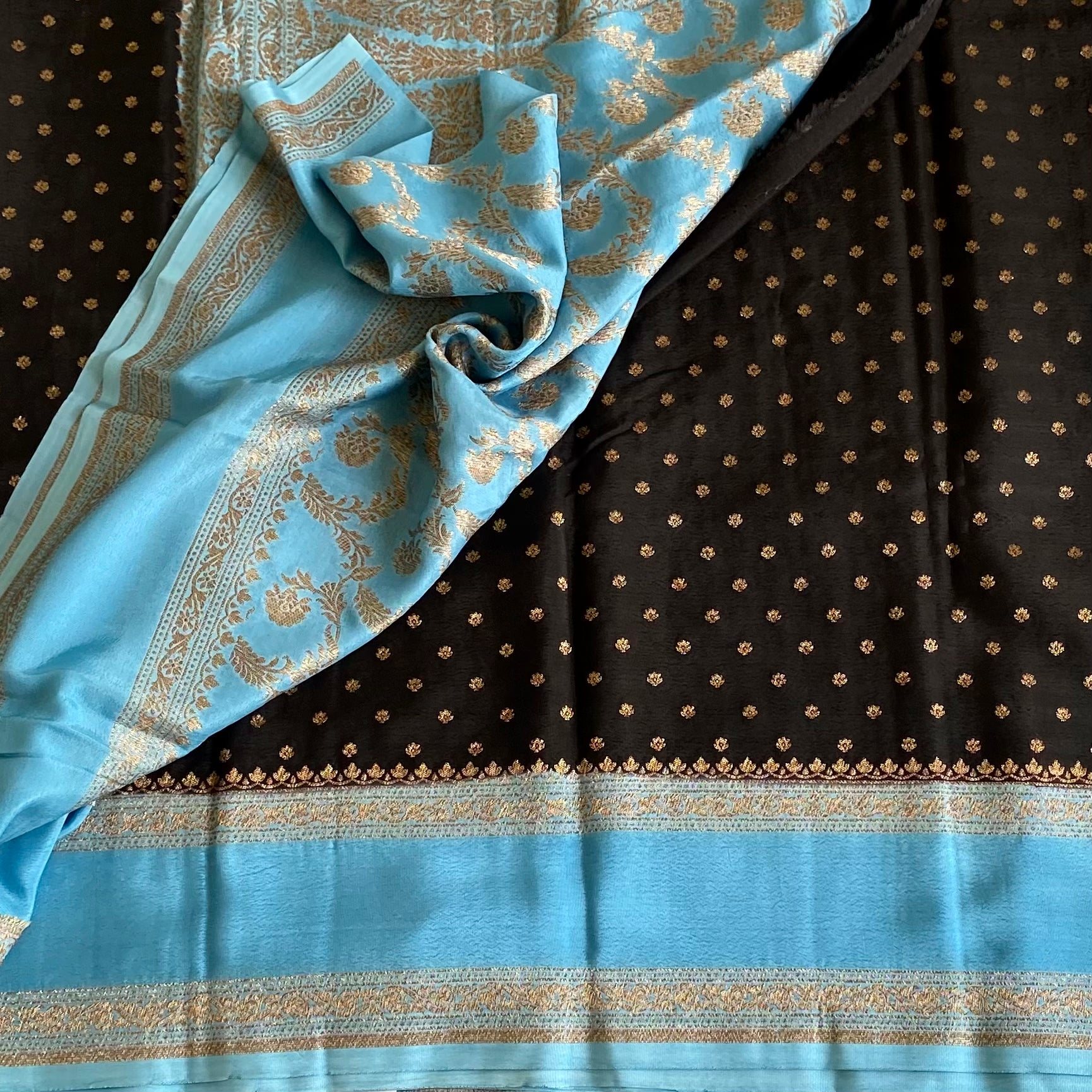 Banarasi Crepe Silk Obsidian Black Saree With Turquoise Blue