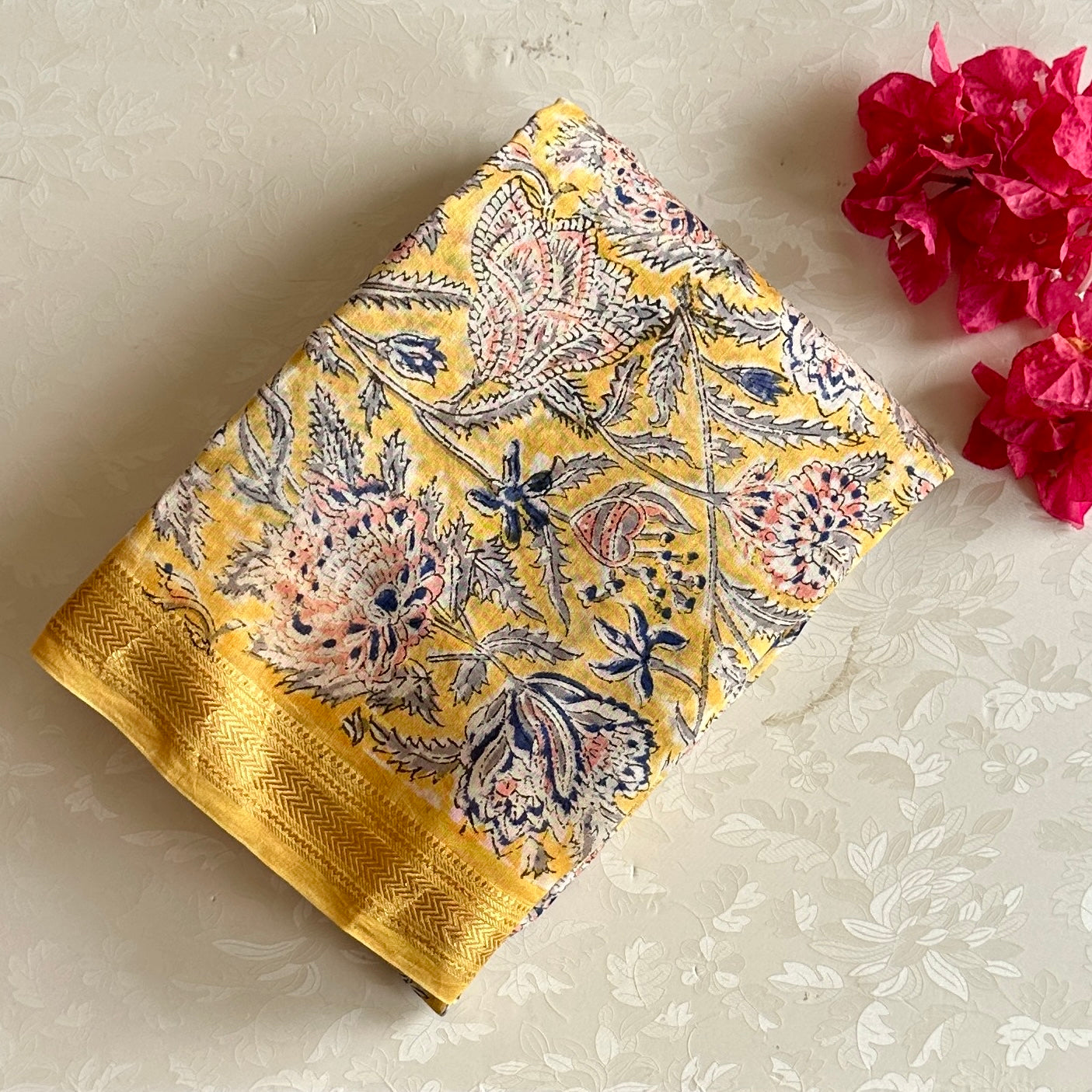 Mustard Yellow Soft Tussar Silk Saree With Dusty Rose Stripes
