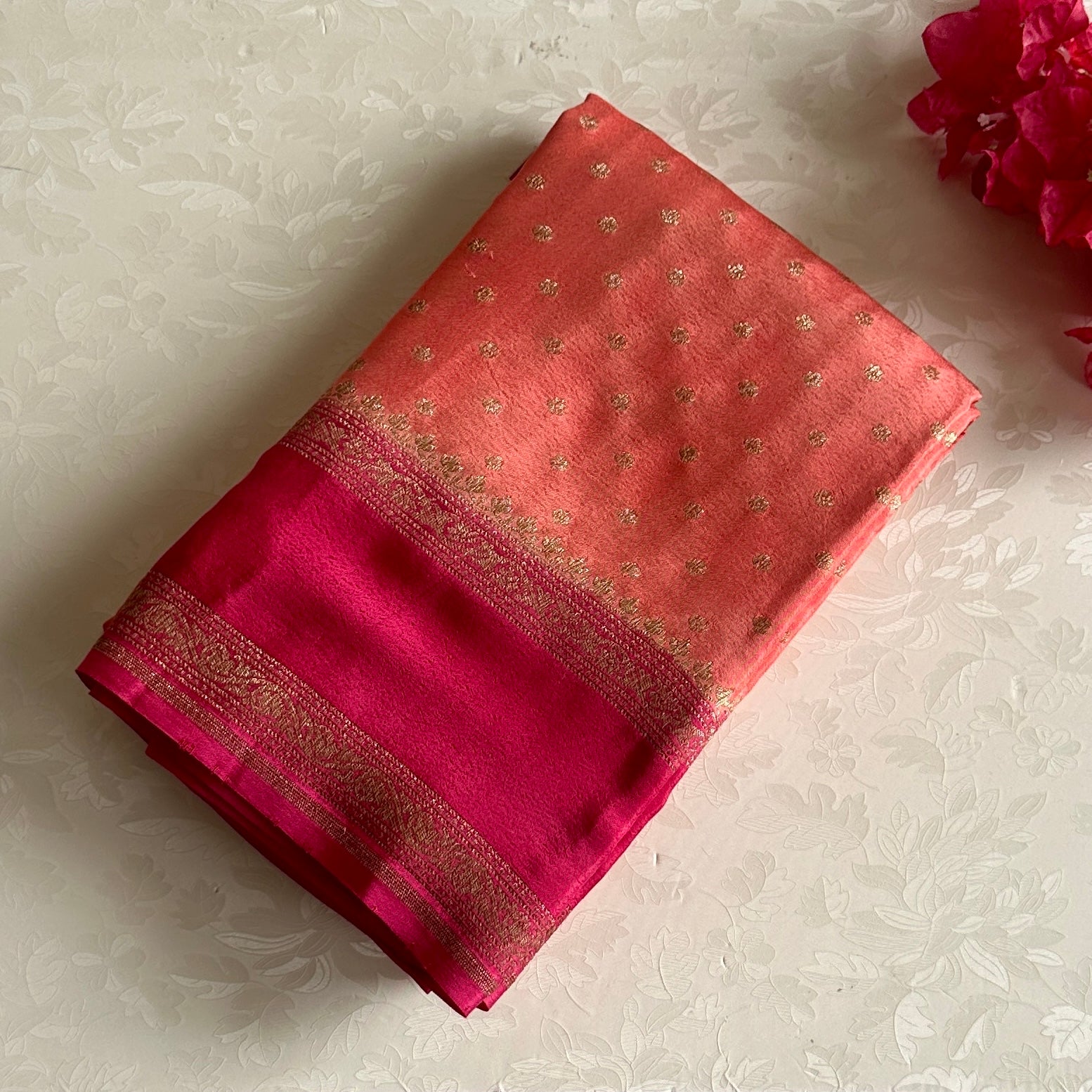 Coral Peack Banarasi Crepe Silk Saree With Rani Pink Pallu