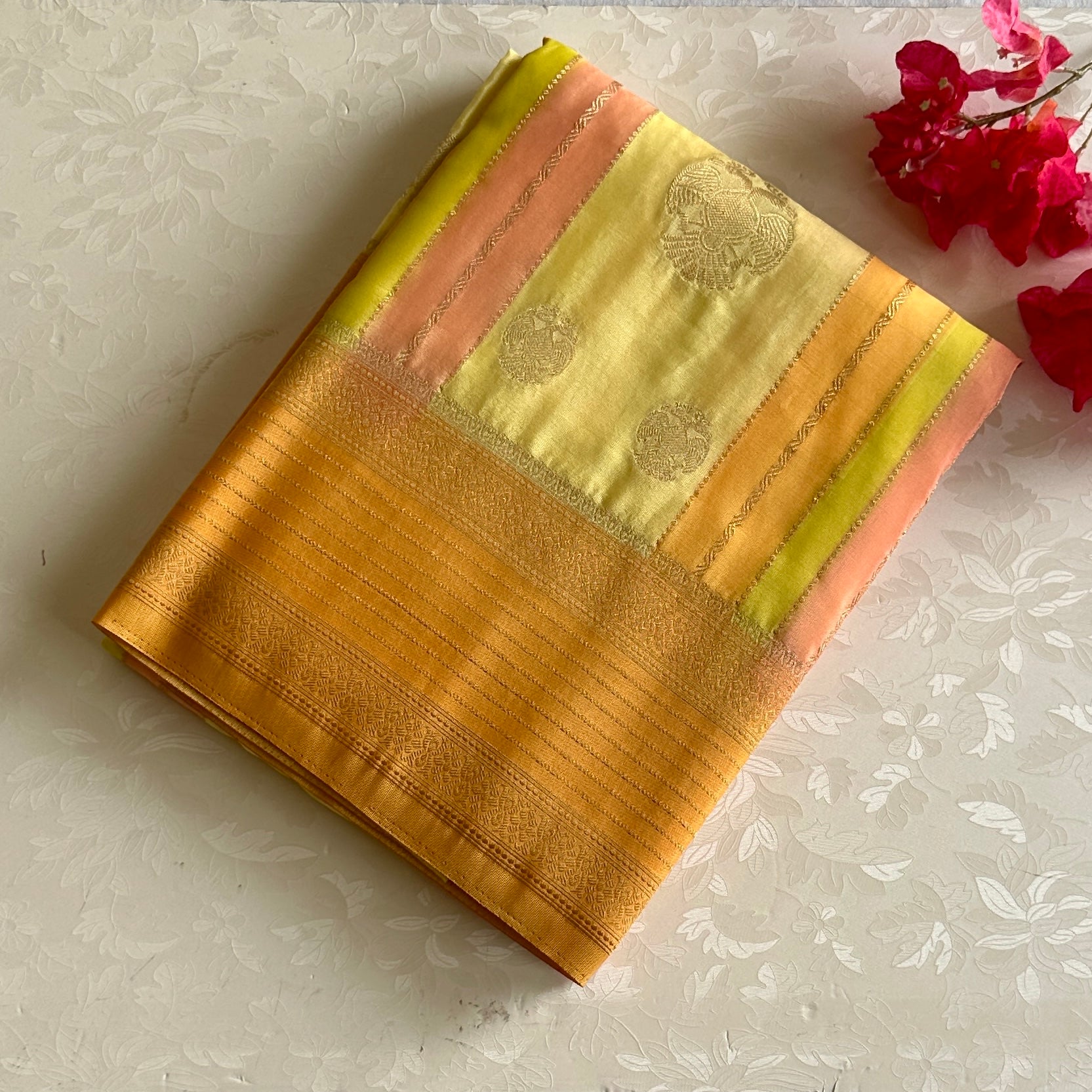 Summer Elegance in Yellow with Sunset Orange Soft Crepe Silk