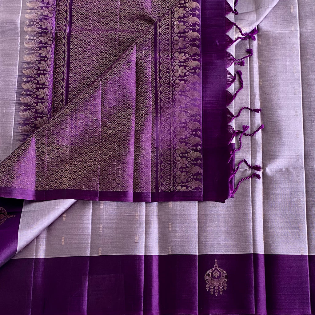 Pale Lavender Designer Pure Silk Saree With Deep Purple Pallu