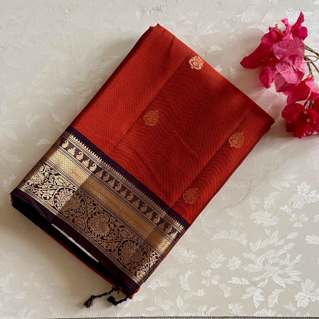 Vintage Rust with Plum Wine Designer Pure Silk with Brocade Borders