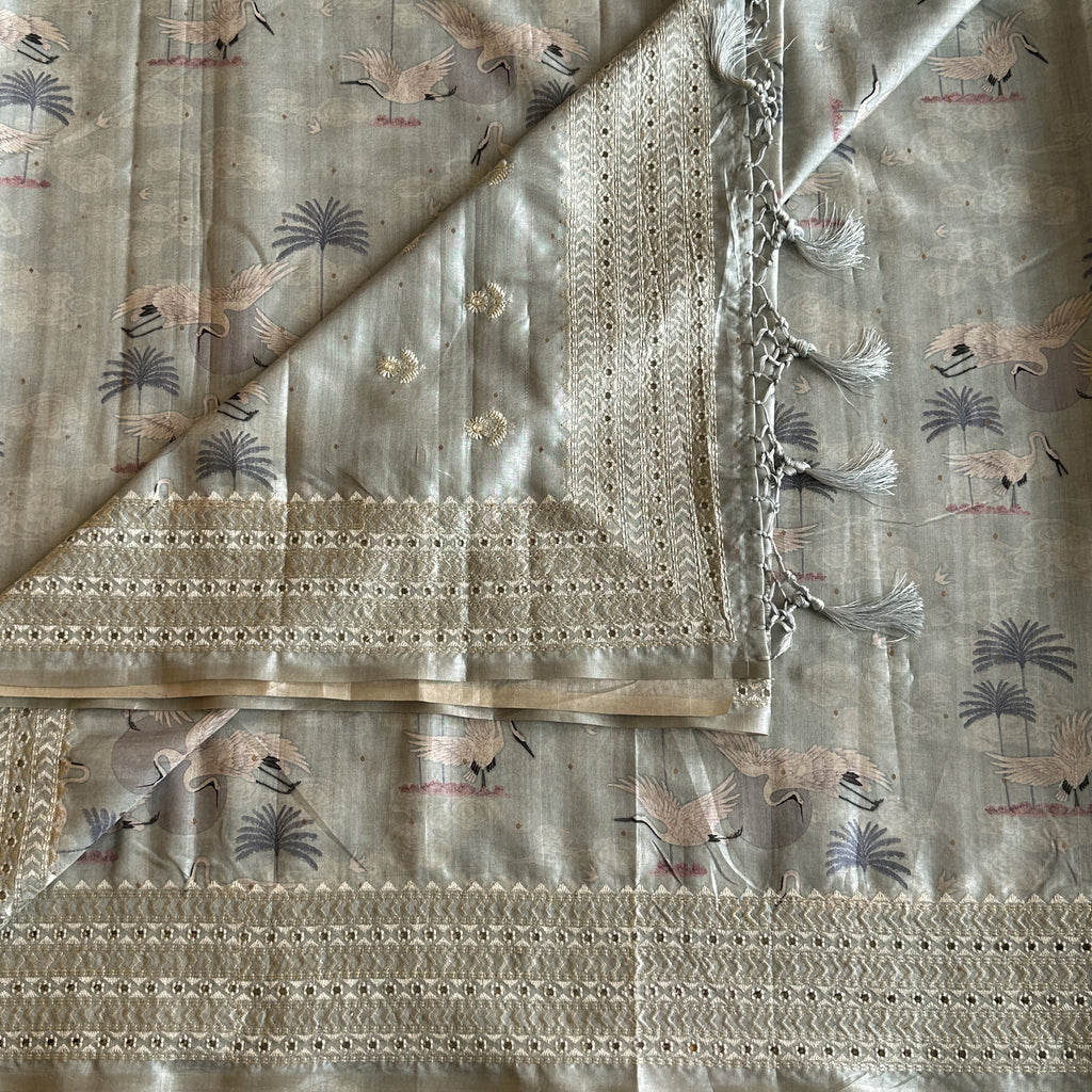 Pale Seafoam Crane Print Saree Gold Zari Border Tasseled Pallu