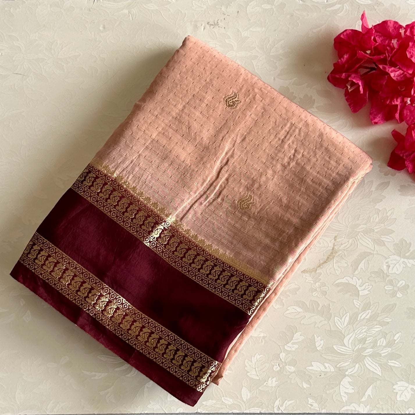 Peach Soft Tussar Silk Saree With Maroon Pallu And Gold Zari