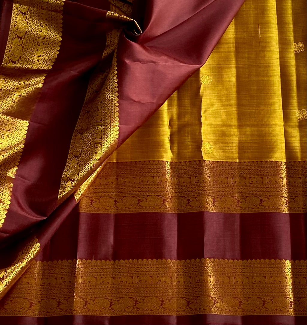 Golden Mustard with deep Wine brown retta petta borders on pure Kanjeevaram