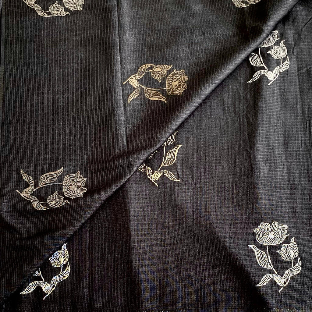 Charcoal Black Soft Jute Tussar Saree With Antique Gold Pallu