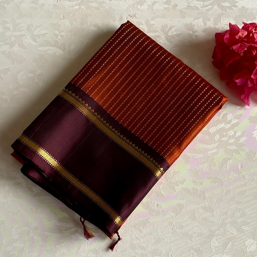 Classic Rust Orange Designer Pure Silk Saree With Chocolate Brown