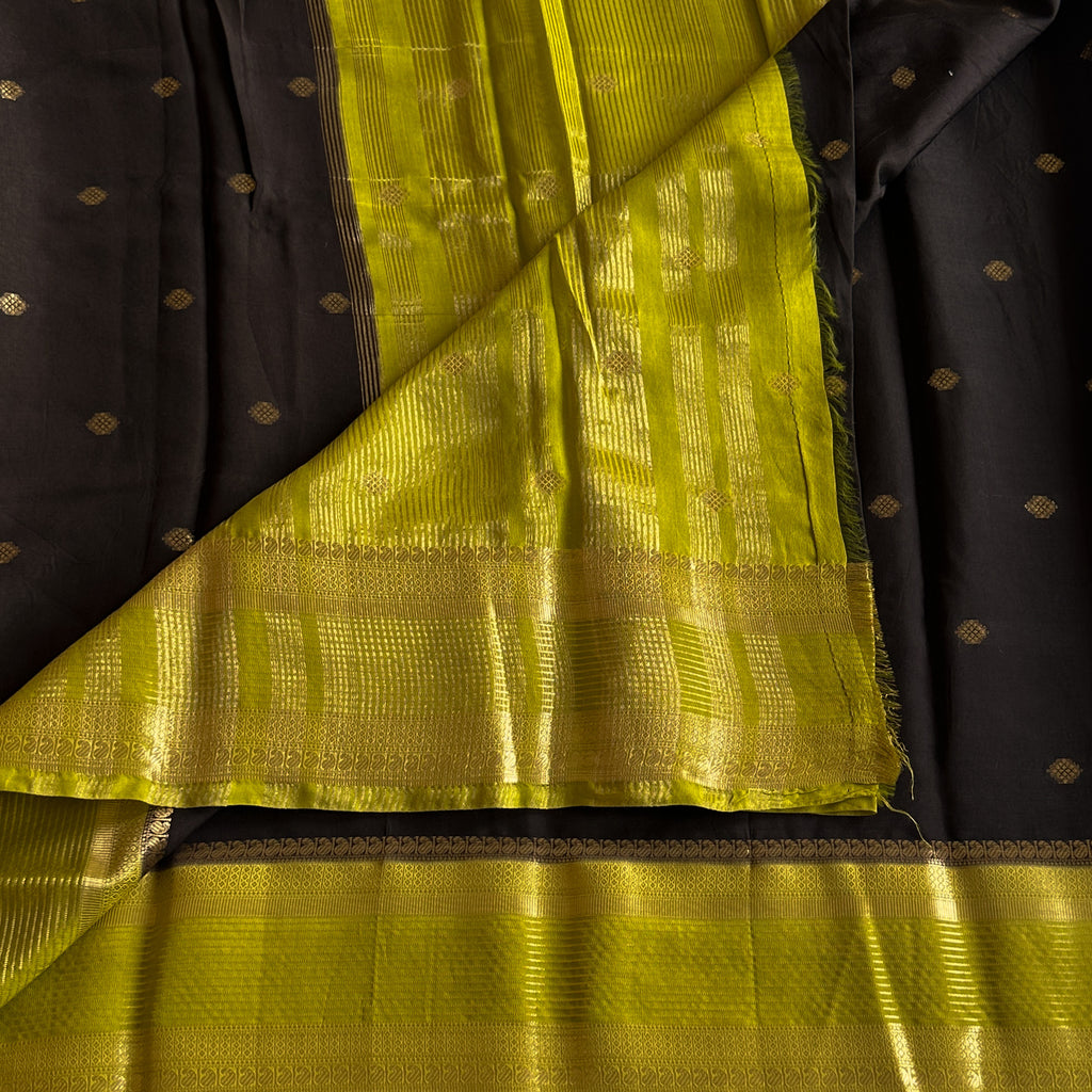 Jet Black Chartreuse Pallu Silk Saree With Gold Zari Border