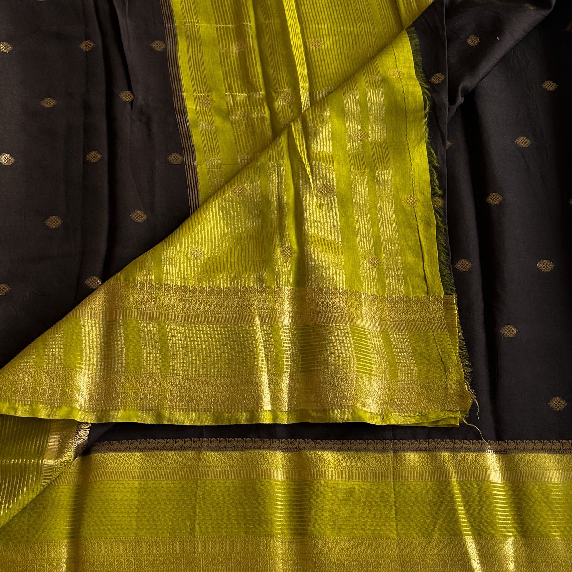 Jet Black Chartreuse Pallu Silk Saree With Gold Zari Border