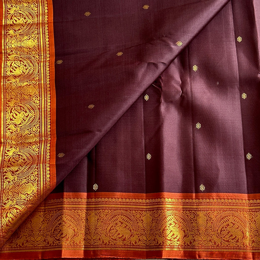 Deep Chocolate Wine Kanjivaram Silk Saree Gold Brocade Pallu Orange Border