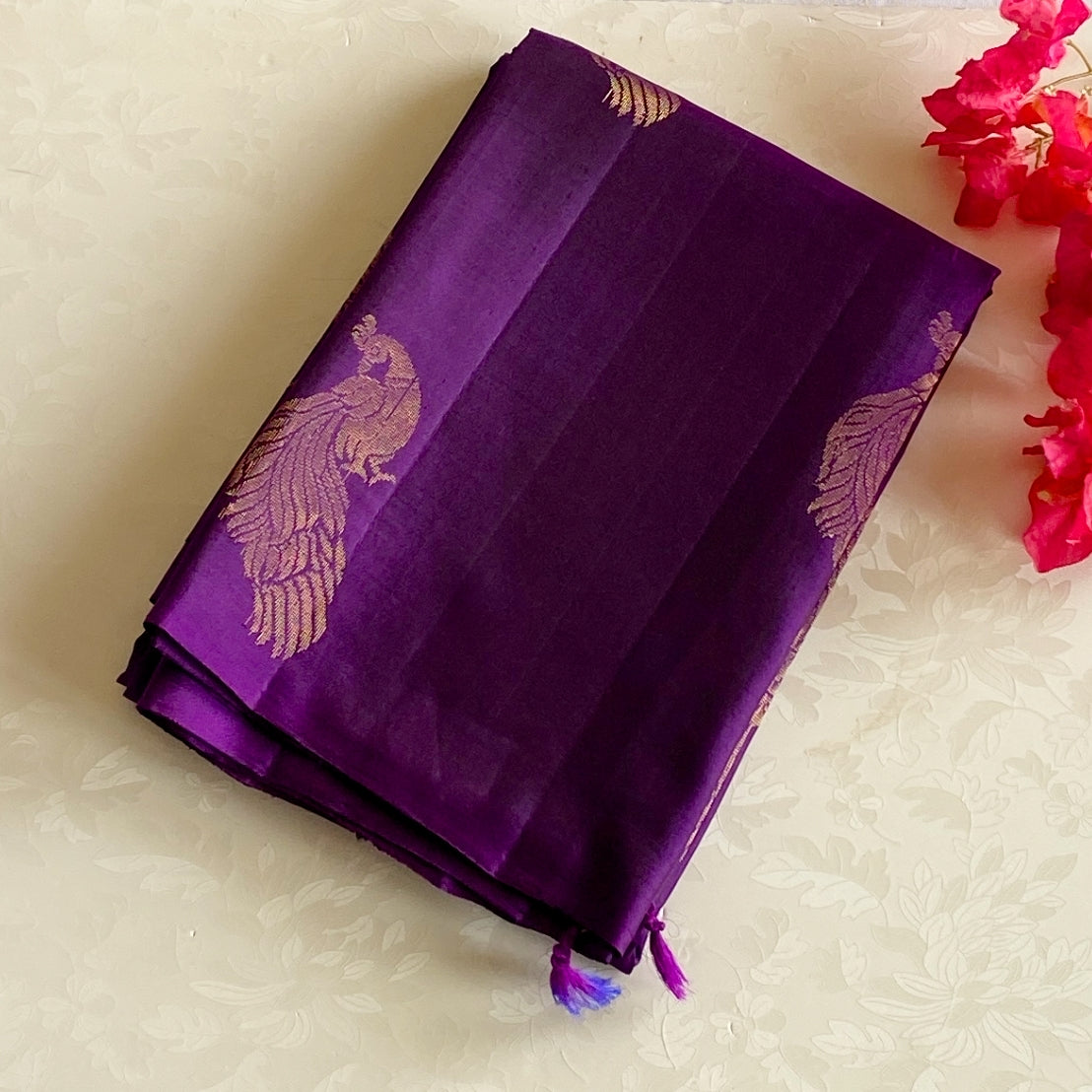 Royal Purple Silk Saree Rose Gold Peacock Brocade Festive Wear