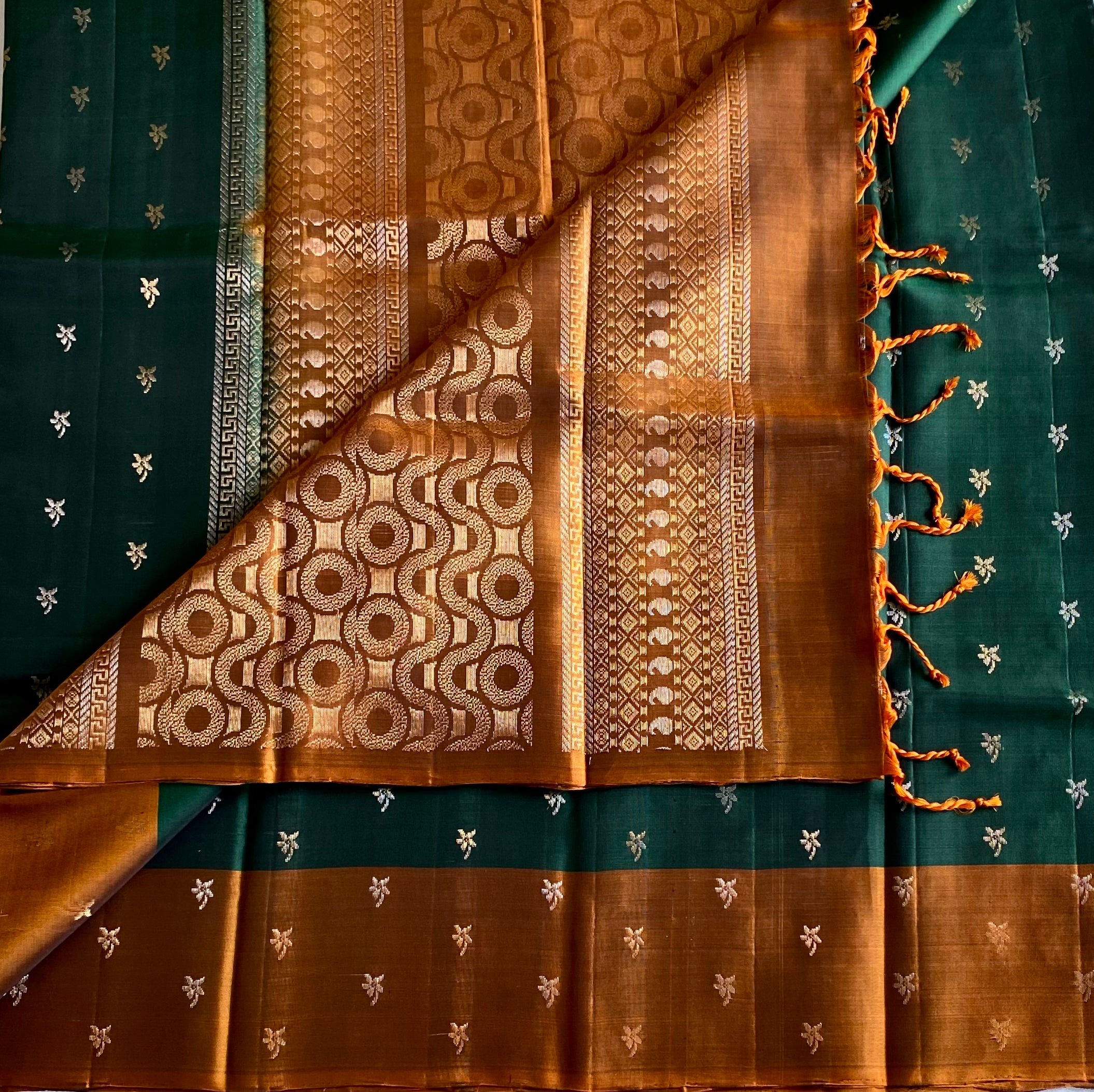 Emerald Green Silk Saree Rust mix Copper Pallu Antique Gold Woven Buti