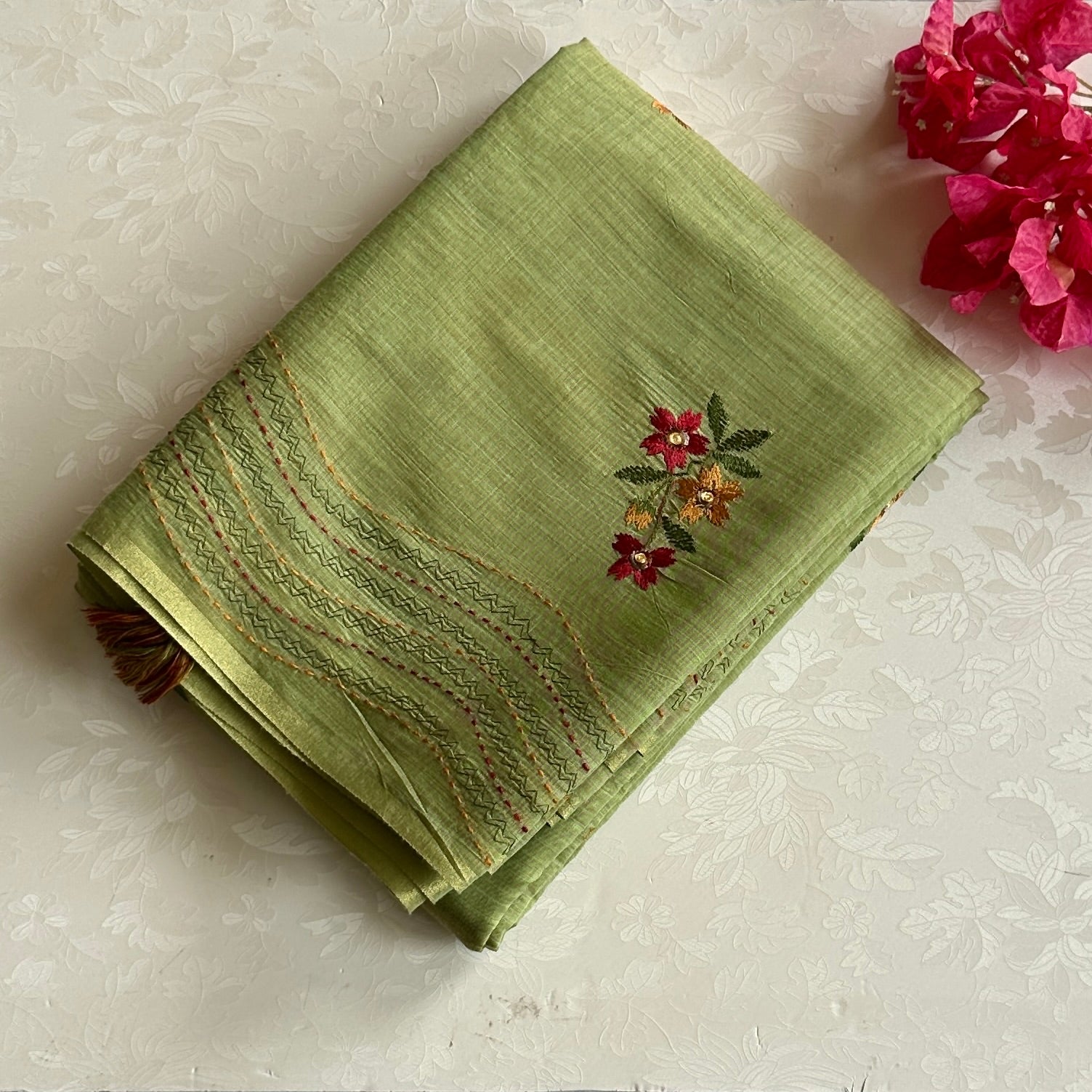 Pistachio Green Floral Embroidered Saree with Tassel Border Antique Gold