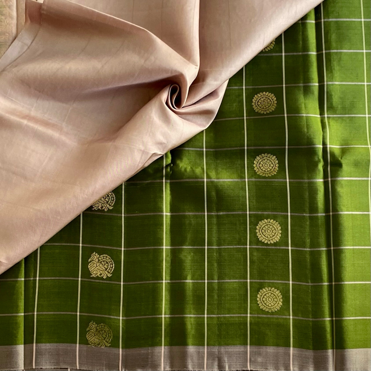 Olive Green Designer Pure Silk Saree With Champagne BeigePallu