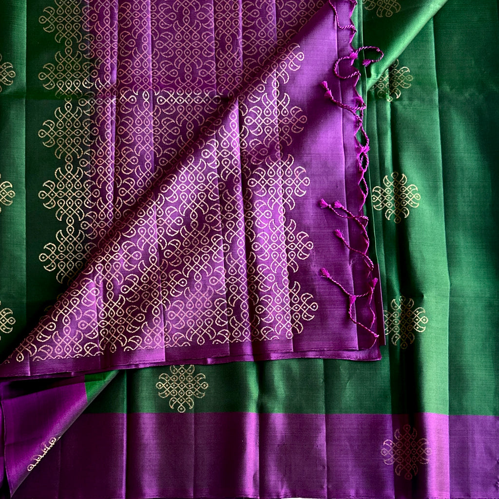 Emerald Green with Purple handwoven designer pure silk with Kollam zari weave