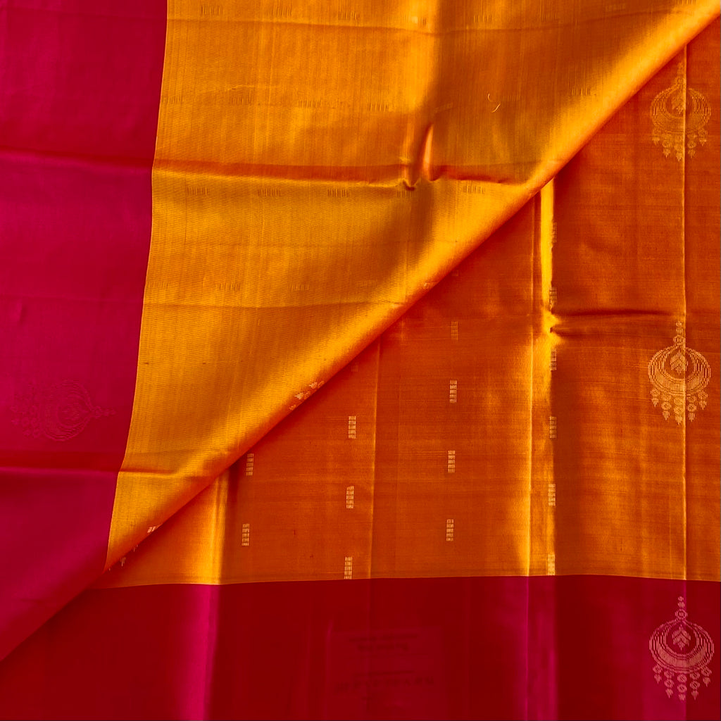 Saffron Orange & Rani Pink Designer Pure Silk Saree WithGold Zari