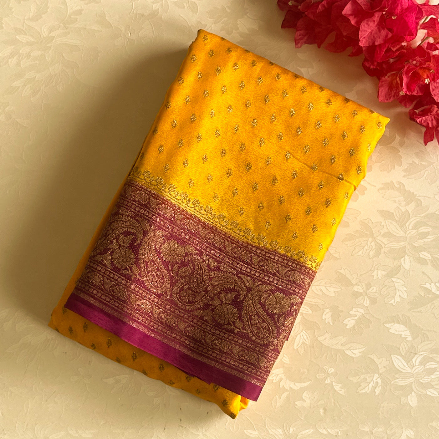 Saffron Yellow with Deep Magenta Soft Crepe Silk