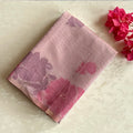 Pastel Mauve Floral Saree With Gold Zari Border And Tassels