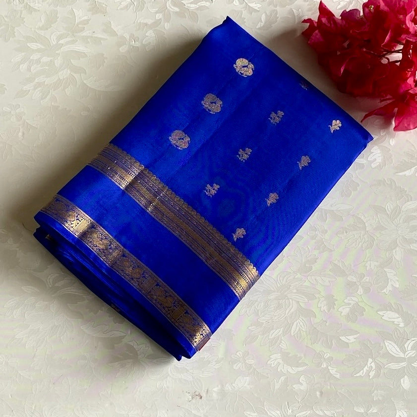 Cobalt Blue Designer Pure Silk Saree With Metallic Gold Jaal
