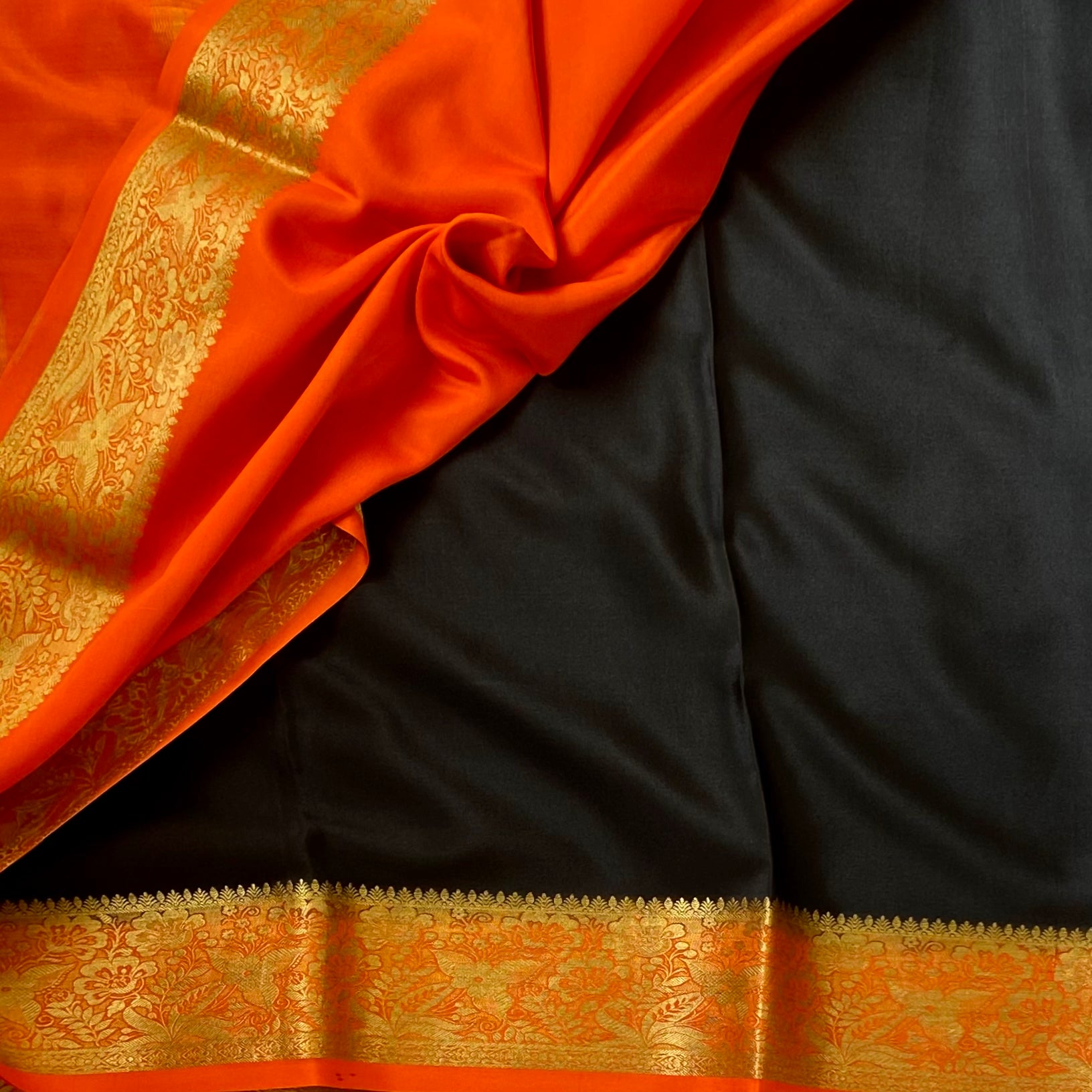Black Saree Gold Brocade Border Orange Edge Traditional Bridal Wear